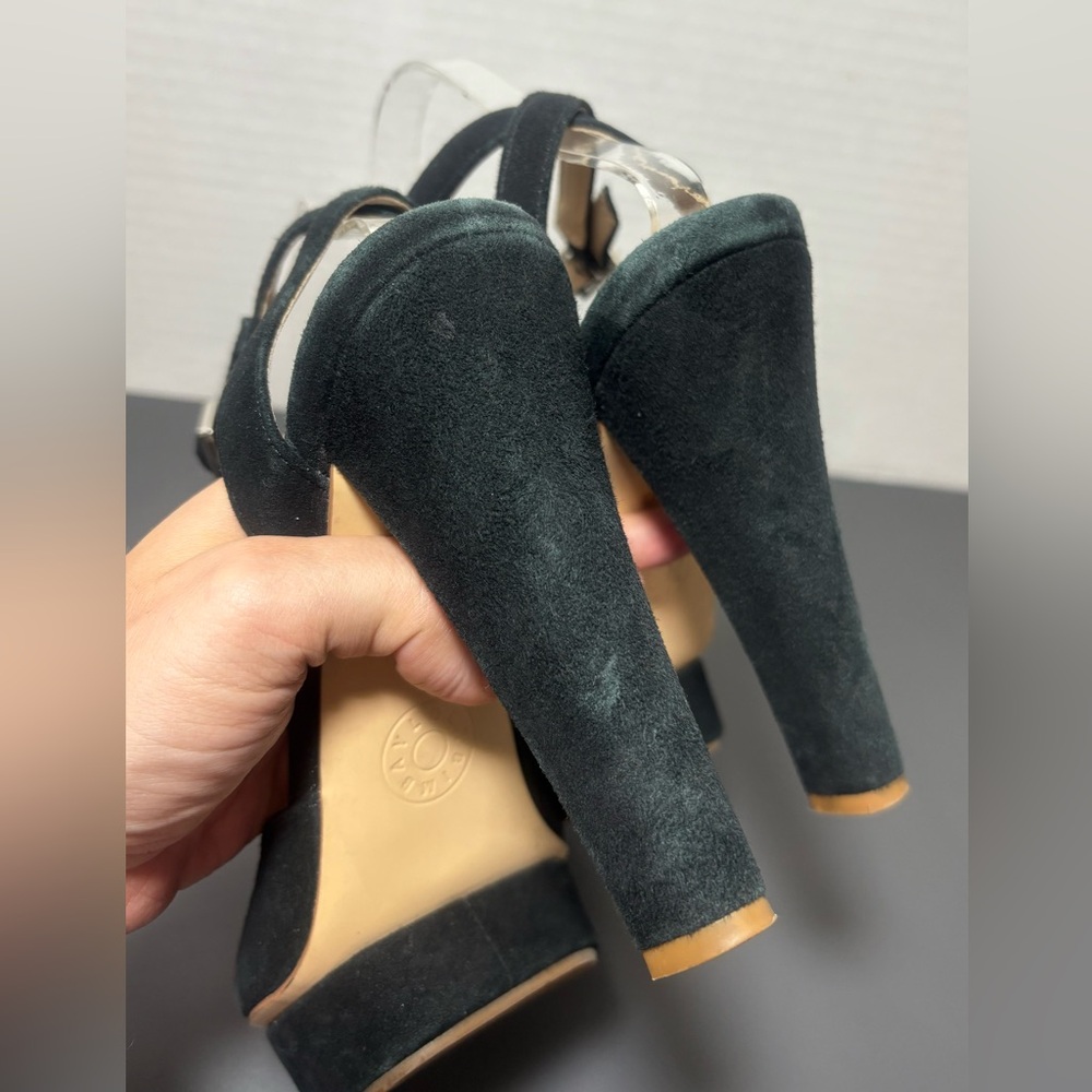 BIMBA Y LOLA Black Suede Chunky Heel Peep-Toe Sandals - Picture 9 of 10